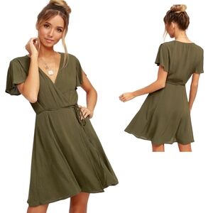 Lulus Harbor Point Olive Green Wrap Mini Dress NWT Gauzy Surplice Sz XL